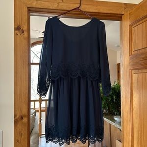 Vila (ASOS) navy blue dress with embroidered hems.